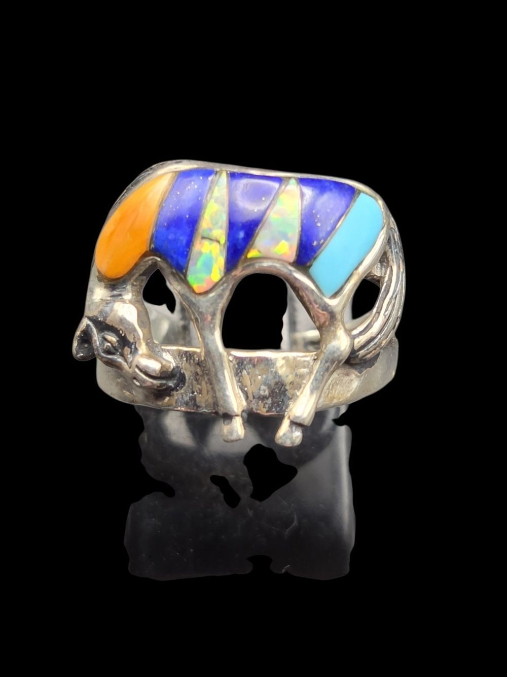 Sterling Silver Horse Ring – Opal, Lapis, Turquoise, Spiny Oyster, Sz 6